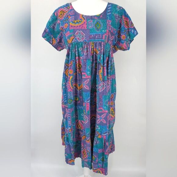Vintage Go Softly Multicolor Blue Purple Patch 90s Empire Waist Midi Dress Large - Picture 1 of 6
